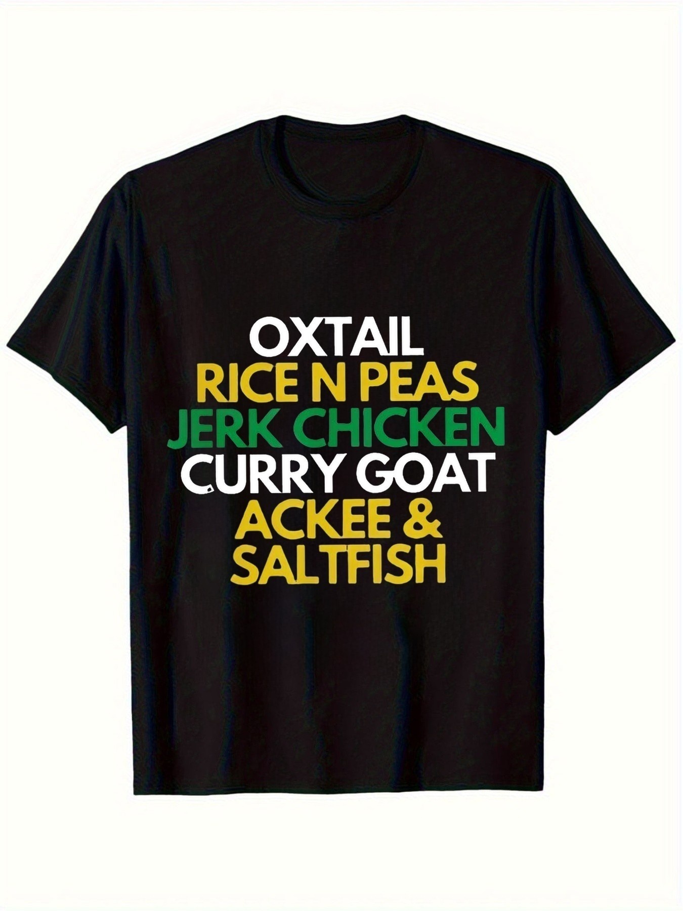 Jamaican Food Snacks - เสื้อยืดพิมพ์ลายอาหารจาเมกาสำหรับผู้ชาย ดีไซน์อาหารแคริบเบียนสไตล์เรโทร ลายหางวัวพร้อมข้าว ถั่วบัว ไก่ย่าง แกงแกะ